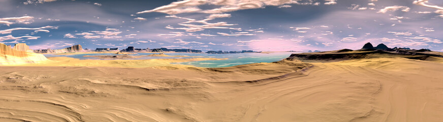 Fototapeta na wymiar Alien Planet. Mountain and lake. Panorama. 3D rendering