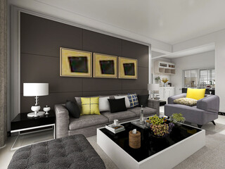  spacious living room design of modern residence, with sofa, tea table, decorative painting, etc