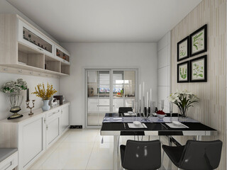  spacious dining room design next to the modern kitchen, with a beautiful dining table and greenery
