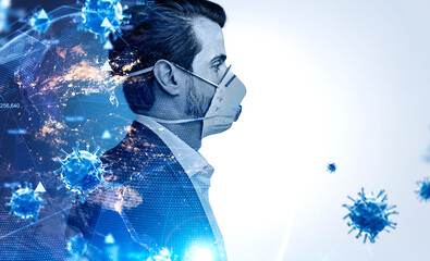 Businessman in mask, coronavirus and network