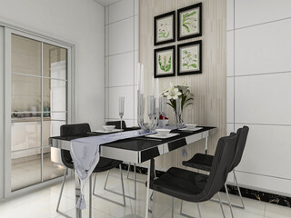  spacious dining room design next to the modern kitchen, with a beautiful dining table and greenery
