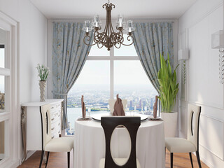 spacious dining room design next to the modern kitchen, with a beautiful dining table and greenery