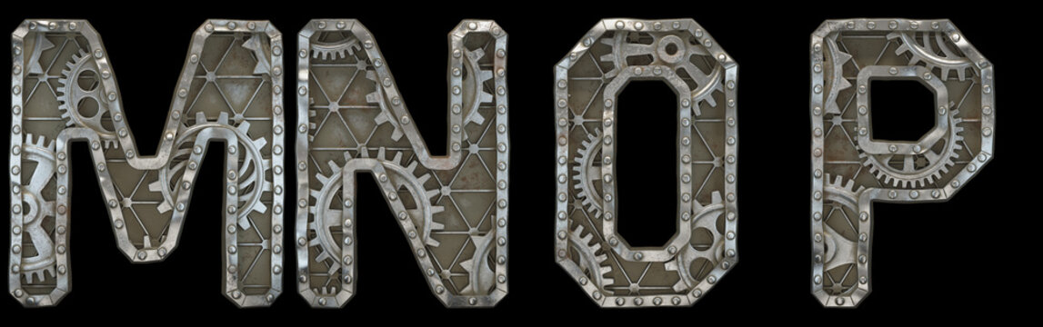 Mechanical alphabet made from rivet metal with gears on black background. Set of letters M, N, O, P. 3D