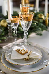 A table set for a Christmas dinner.