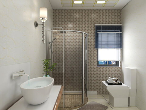 modern residential clean bathroom design, with washbasins, mirrors, toilets, shower equipment and bathtubs