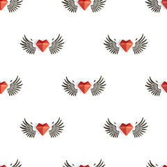 Seamless pattern of red hearts with black wings on a white isolated background. The concept of celebrating Valentine's Day
