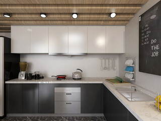 Modern family kitchen design, new cabinets and kitchenware with refrigerators, sunlight from the window.