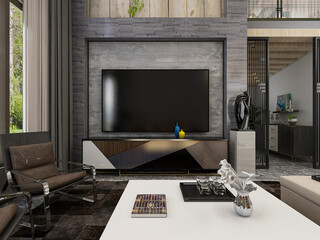 Black and white high-grade color matching modern design of the living room, there are sofa, TV, etc
