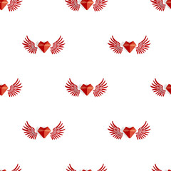 Obraz premium Seamless pattern of hearts with red wings on a white isolated background. The concept of the celebration of Valentine's Day