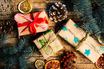 Fototapeta na wymiar Wrapped Christmas presents and arrangements