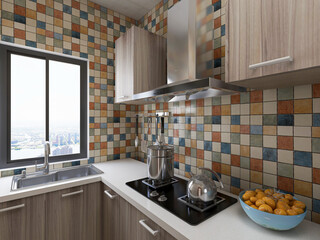 Modern family kitchen design, new cabinets and kitchenware with refrigerators, sunlight from the window.