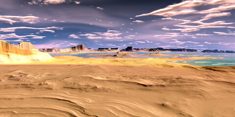 Alien Planet. Mountain and lake. 3D rendering