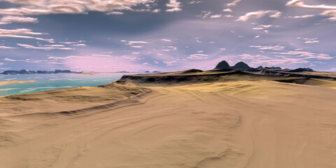 Naklejka na ściany i meble Alien Planet. Mountain and lake. 3D rendering