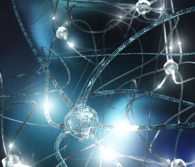 Neural network of the brain, neuron close-up, impulses of a neural network