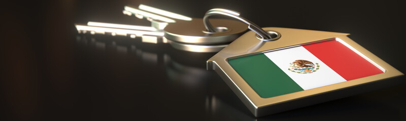 Flag of Mexico on the keychain and keys. Property rental or real estate market concepts, 3d rendering