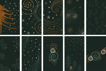 Christmas Social Media Stories Layout. Vector set of linear template in abstract style for womanly profile, social media, mobile app. Abstract modern winter stories with snowflake, christmas tree