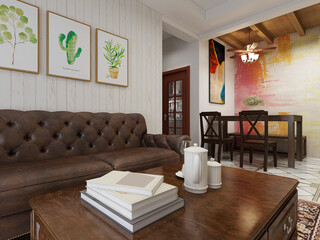 3D rendering, spacious living room design of modern residence, with sofa, tea table, decorative painting, etc