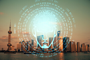Brain hologram drawing on cityscape background multi exposure. Ai in modern city concept.