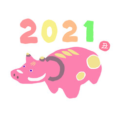 年賀状イラスト　2021丑年　切り絵風の赤べこ2