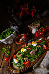 Rustic green bean salad with egg and tuna