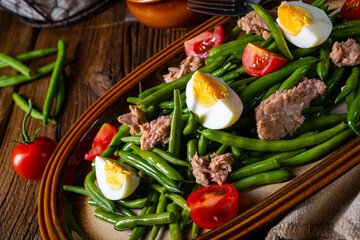 Rustic green bean salad with egg and tuna