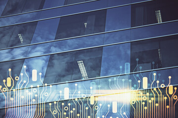 Obraz premium Data theme hologram drawing on city view with skyscrapers background multi exposure. Bigdata concept.