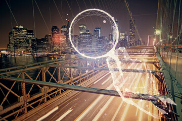 Obraz premium Double exposure of start up theme drawings over cityscape background. Concept of success.