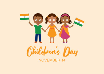 Children's Day in India vector. Indian children with indian flag vector. Cute little boy and girls holding hands vector. Three indian children icon. Children's Day Poster, November 14. Important day