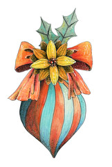 Christmas tree toy with decor - poinsettia, bow and leaves. Hand drawn colored pencils illustration.