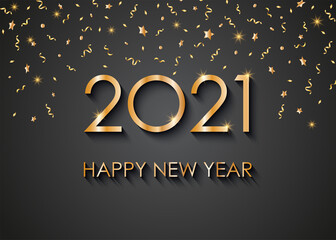 2021 Happy New Year gold text for greeting card. Vector illustration.