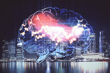 Brain hologram drawing on city scape background Double exposure. Brainstorming concept.
