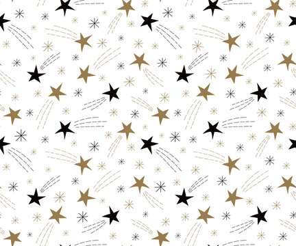 Celebratory pattern with snowflakes and Christmas stars on a white background. Ornament for gift wrapping paper, surface textures. Vector Illustration.