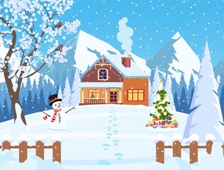 Suburban house covered snow. Building in holiday ornament. Christmas landscape tree, snowman. New year decoration. Merry christmas holiday xmas celebration. Vector illustration flat style