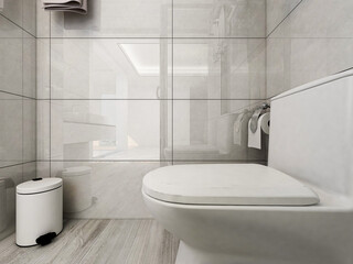 Naklejka na ściany i meble Clean and tidy bathroom, there are washstand, shower, toilet, bathtub and so on