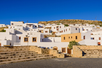 Sightseeing of Greece. Lindos village is a traditional village with colorful white buildings, Rhodes island, Dodecanese, Greece