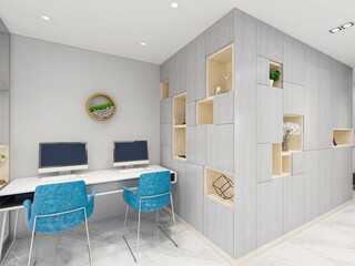 3D rendering. There are wardrobes, cupboards, mirrors and green plants in the study of the family house.