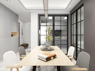 Clean and tidy dining room has wooden table and chair, very neat and clean