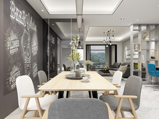 Clean and tidy dining room has wooden table and chair, very neat and clean