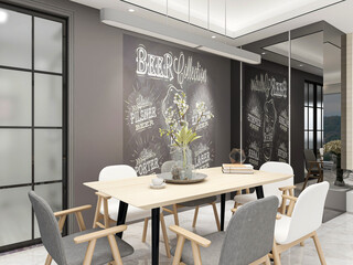 Clean and tidy dining room has wooden table and chair, very neat and clean