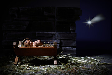 Birth of Jesus. Christmas nativity scene. Manager and star.