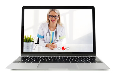 Talking with doctor on laptop computer via video chat