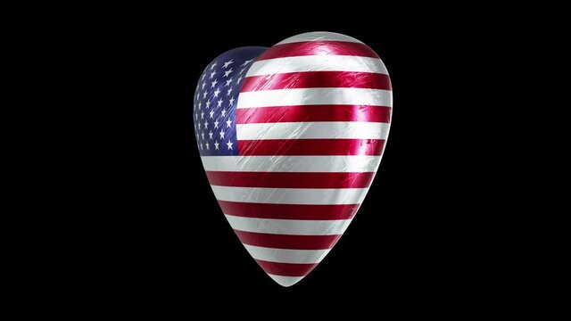 360-degree seamless looping spin of the United States of America scratched metallic heart rendered in UHD, alpha matte is included