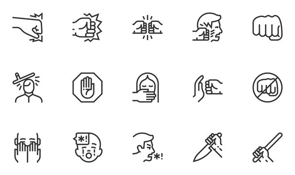 Set of Violence Vector Line Icons. Domestic Abuse, Child Abuse, Victim of Violence. Fight, Hit, Assault. Editable Stroke. 48x48 Pixel Perfect.