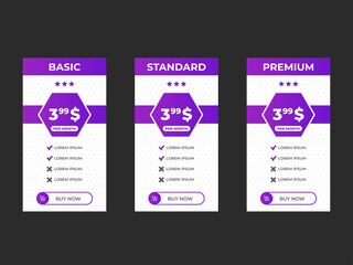 Interface for the site. UI UX vector banner for web app. Pricing Table Template with Three Plan Type. Pricing table, banner, button, list and bullet with plan for website in flat design. Three tariffs