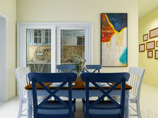 Clean and tidy dining room has wooden table and chair, very neat and clean