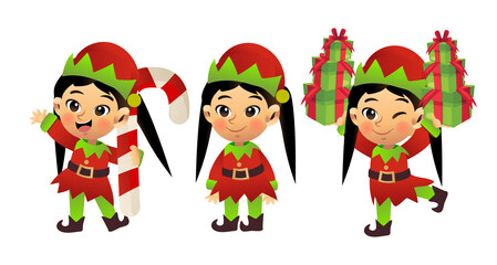 Vector cartoon character of Cute little girl in christmas costume 'elf'. Merry christmas.