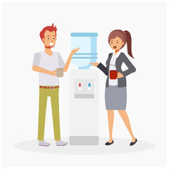 Vector Flat Cartoon Character Illustration of Office Colleagues Talking To Each Other at Water Cooler in office. Water Cooler Gossip.Communicating.