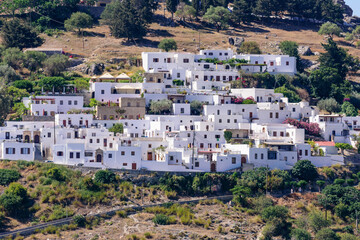 Fototapeta na wymiar Sightseeing of Greece. Lindos village is a traditional village with colorful white buildings, Rhodes island, Dodecanese, Greece 