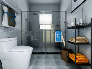 Clean and tidy bathroom, there are washstand, shower, toilet, bathtub and so on