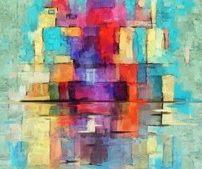 Colorful abstract oil painting. Vibrant rectangles, artwork in contemporary style. Textured brush strokes, modern art on teal background with red, orange and other accents